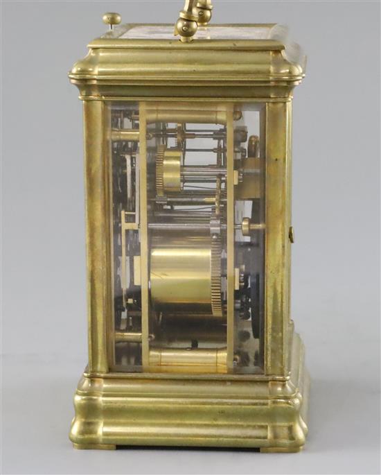 An early 20th century French hour repeating carriage alarum clock, H.6.25in.